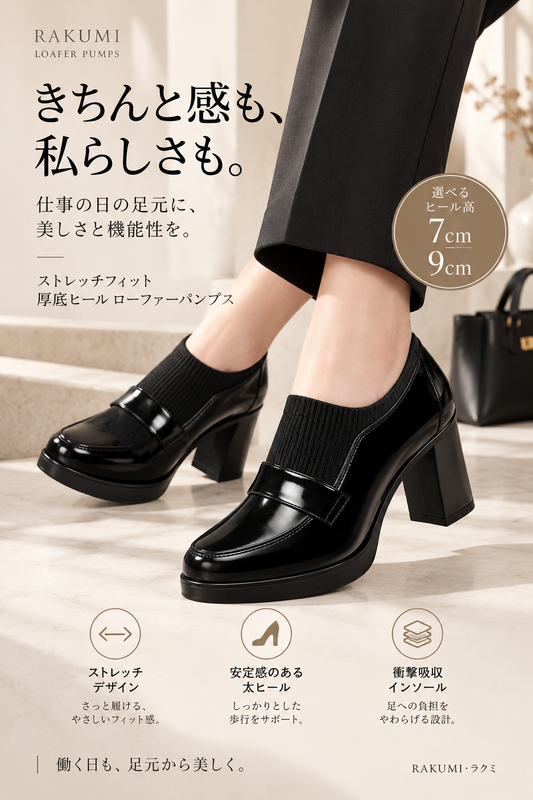 ストレッチフィット 厚底ヒール ローファーパンプス