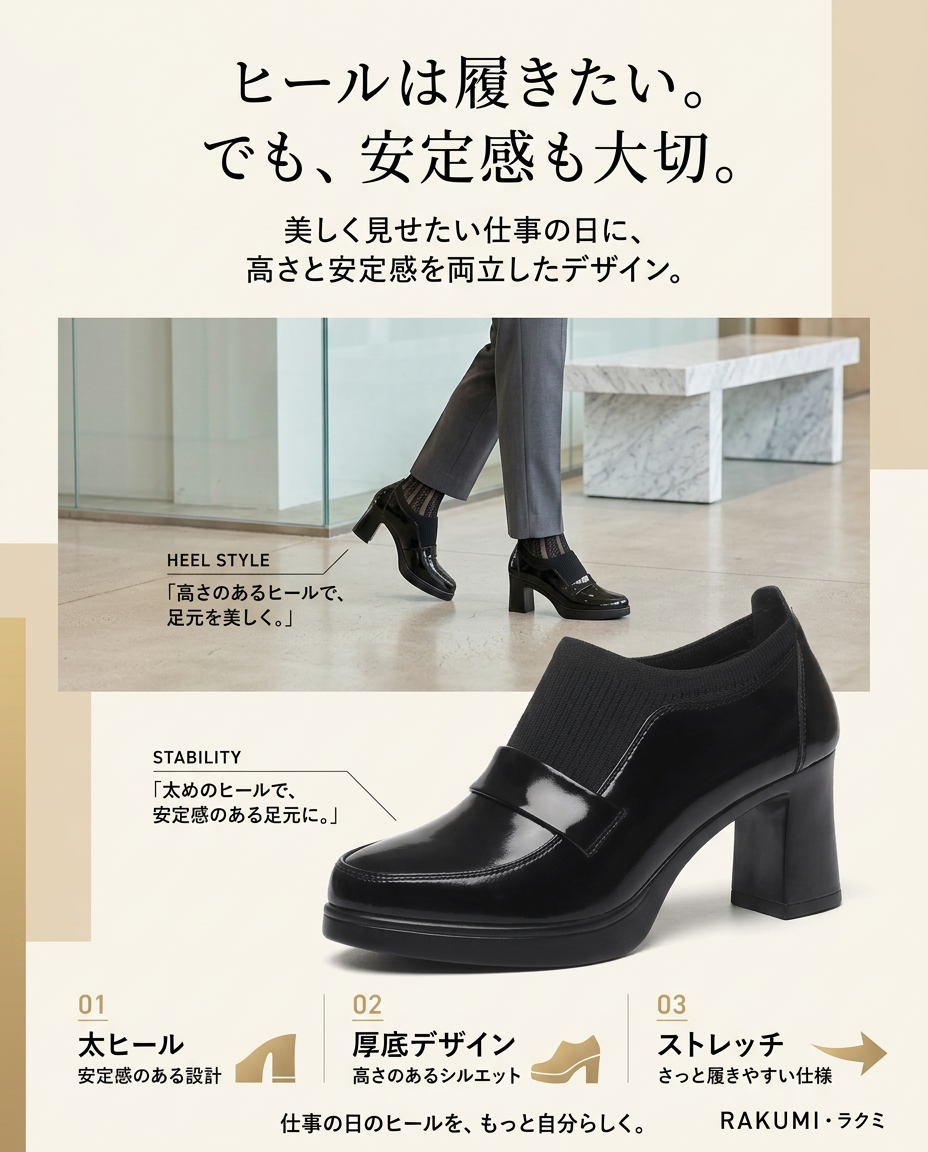 ストレッチフィット 厚底ヒール ローファーパンプス
